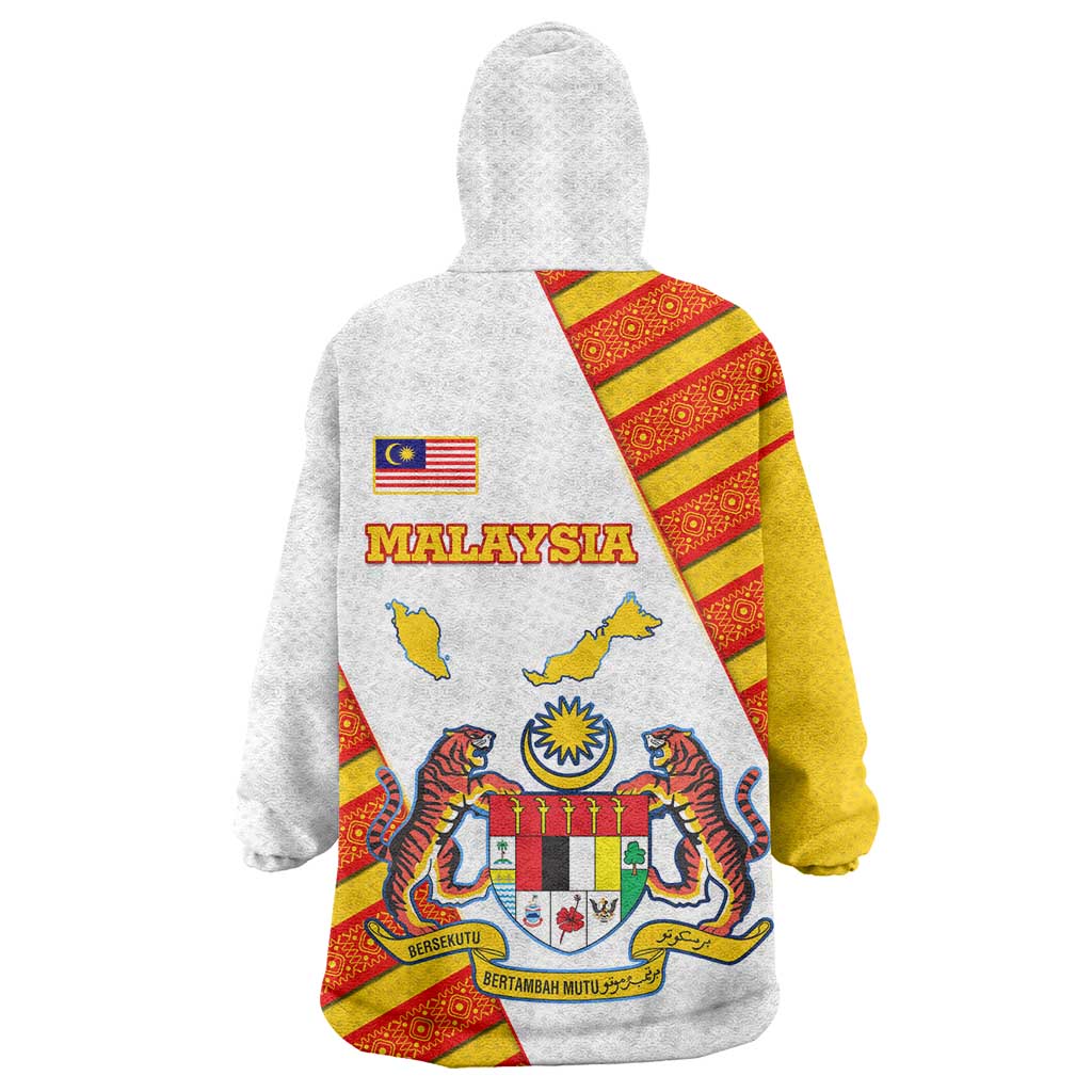 Malaysia National Crest Wearable Blanket Hoodie with Red Tiger and Traditional Batik Yellow White