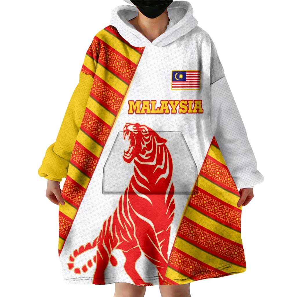 Malaysia National Crest Wearable Blanket Hoodie with Red Tiger and Traditional Batik Yellow White