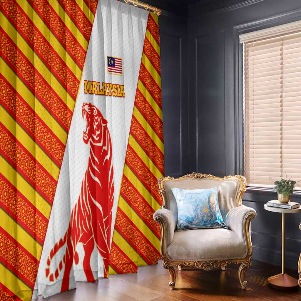 Malaysia National Crest Window Curtain with Red Tiger and Traditional Batik Yellow White
