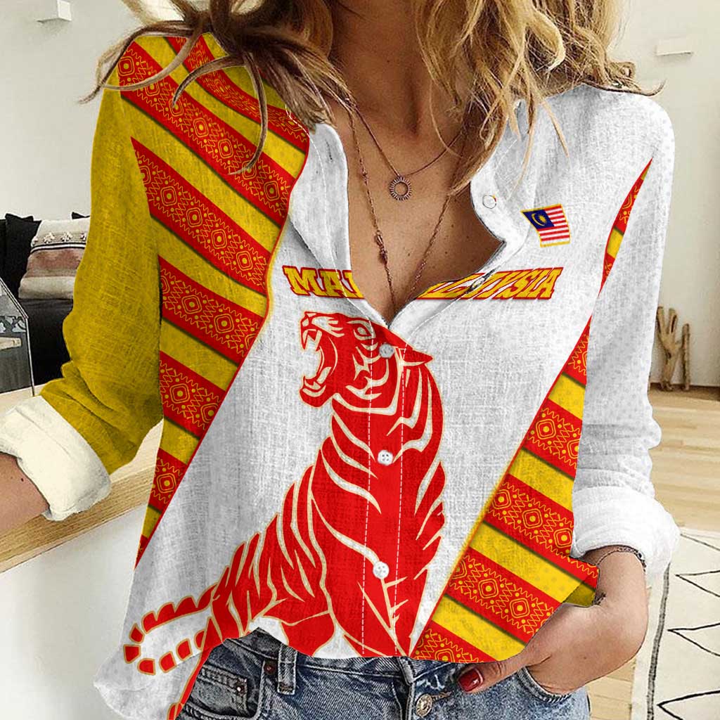 Malaysia National Crest Women Casual Shirt with Red Tiger and Traditional Batik Yellow White