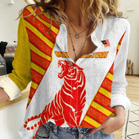 Malaysia National Crest Women Casual Shirt with Red Tiger and Traditional Batik Yellow White