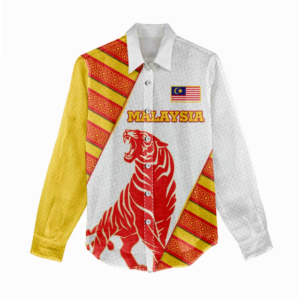 Malaysia National Crest Women Casual Shirt with Red Tiger and Traditional Batik Yellow White
