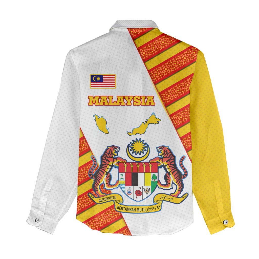 Malaysia National Crest Women Casual Shirt with Red Tiger and Traditional Batik Yellow White