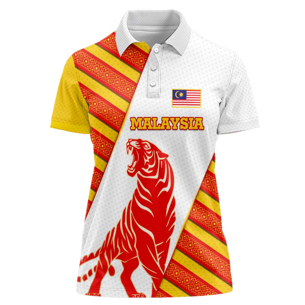 Malaysia National Crest Women Polo Shirt with Red Tiger and Traditional Batik Yellow White