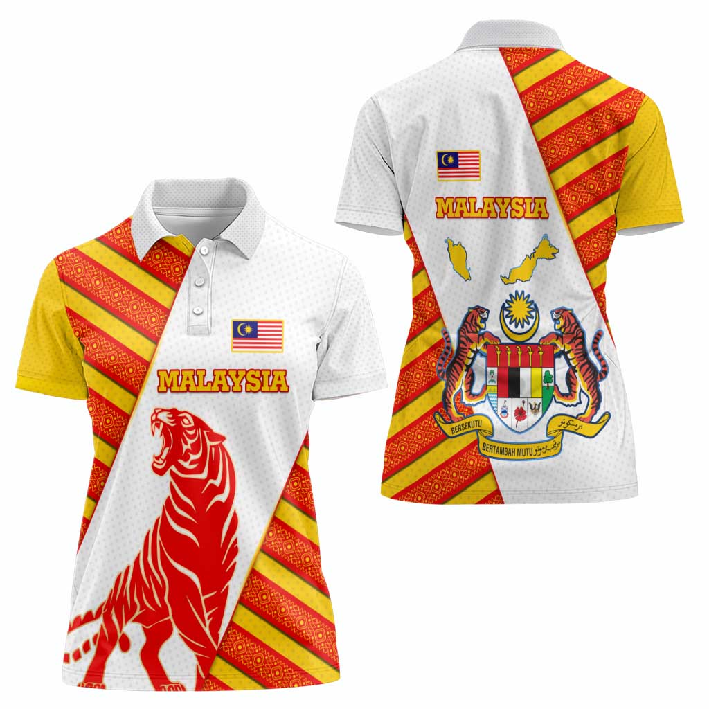 Malaysia National Crest Women Polo Shirt with Red Tiger and Traditional Batik Yellow White