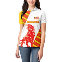 Malaysia National Crest Women Polo Shirt with Red Tiger and Traditional Batik Yellow White
