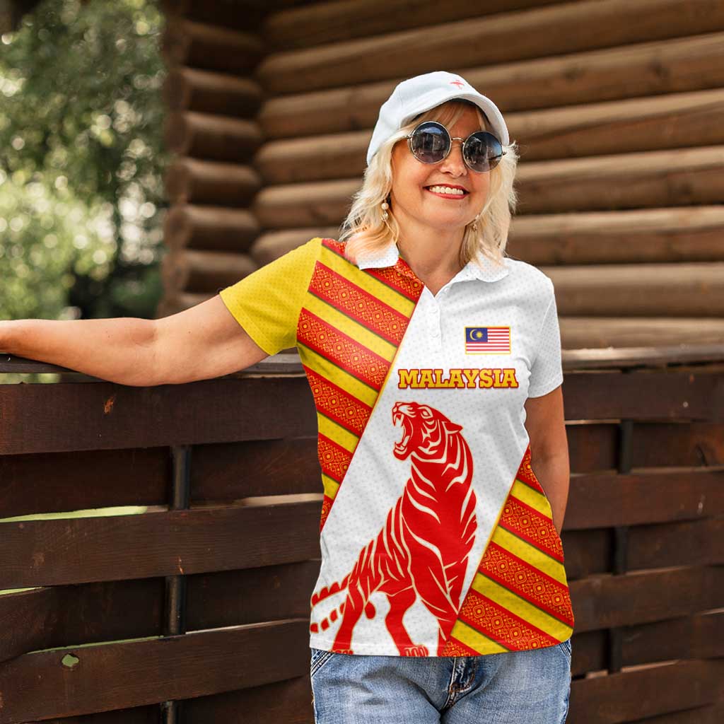 Malaysia National Crest Women Polo Shirt with Red Tiger and Traditional Batik Yellow White