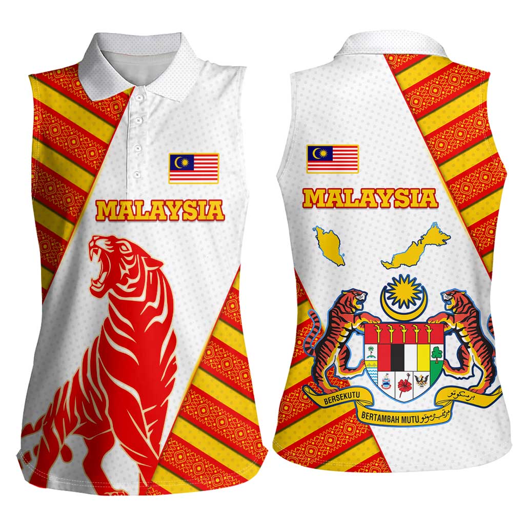 Malaysia National Crest Women Sleeveless Polo Shirt with Red Tiger and Traditional Batik Yellow White
