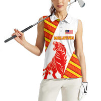 Malaysia National Crest Women Sleeveless Polo Shirt with Red Tiger and Traditional Batik Yellow White