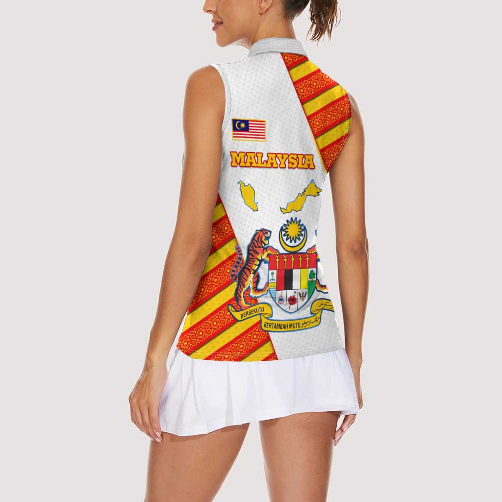 Malaysia National Crest Women Sleeveless Polo Shirt with Red Tiger and Traditional Batik Yellow White