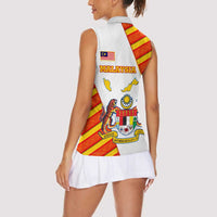 Malaysia National Crest Women Sleeveless Polo Shirt with Red Tiger and Traditional Batik Yellow White