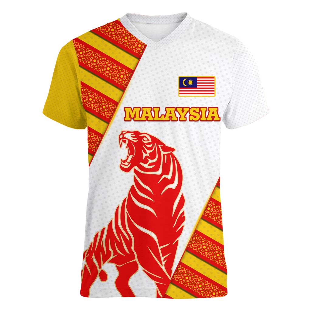 Malaysia National Crest Women V-Neck T-Shirt with Red Tiger and Traditional Batik Yellow White