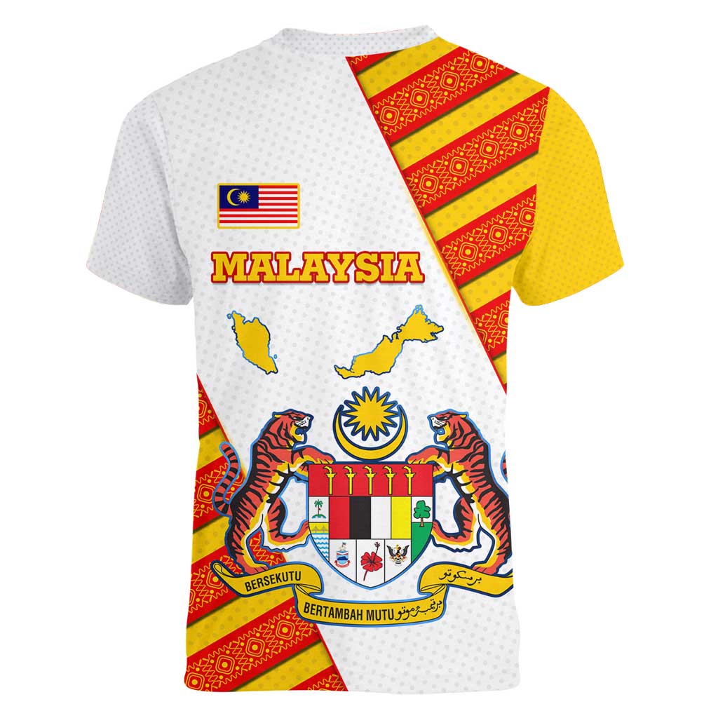 Malaysia National Crest Women V-Neck T-Shirt with Red Tiger and Traditional Batik Yellow White