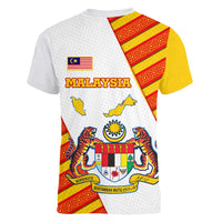 Malaysia National Crest Women V-Neck T-Shirt with Red Tiger and Traditional Batik Yellow White