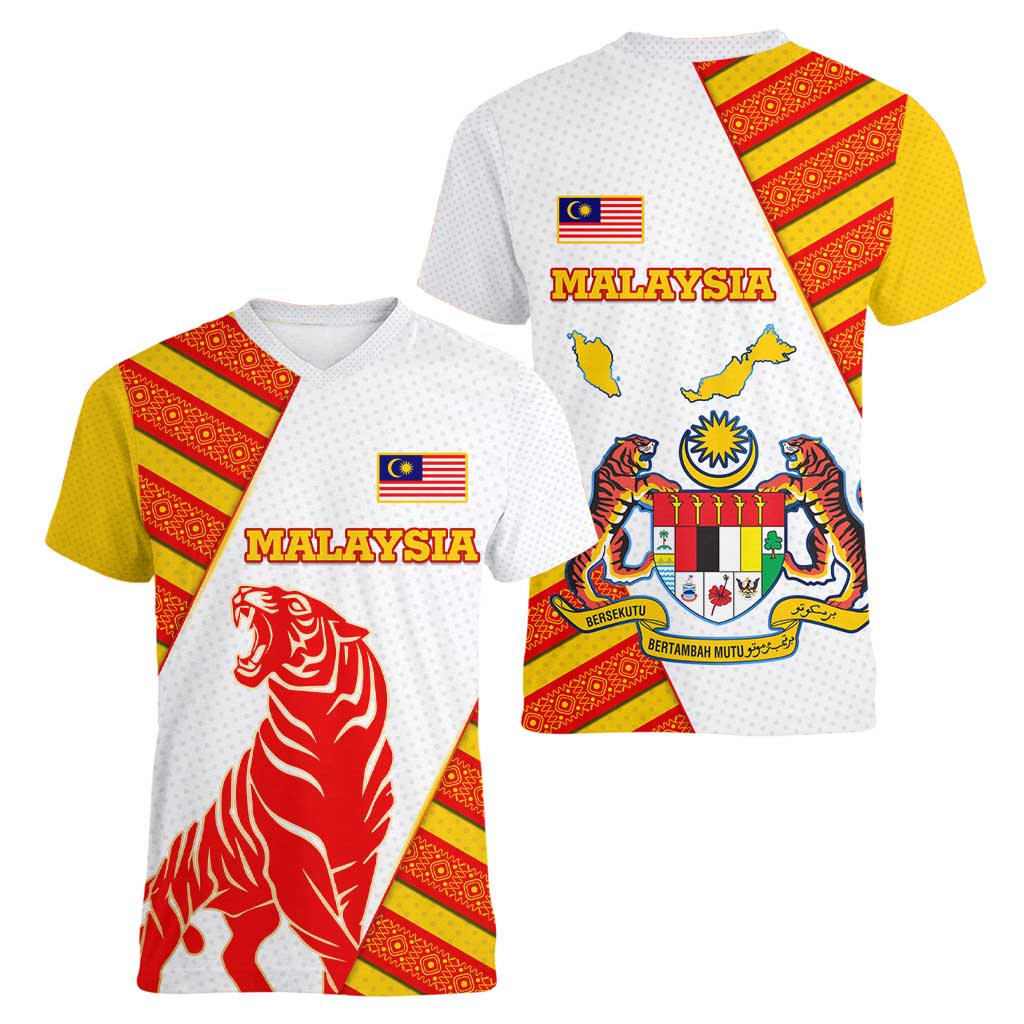 Malaysia National Crest Women V-Neck T-Shirt with Red Tiger and Traditional Batik Yellow White