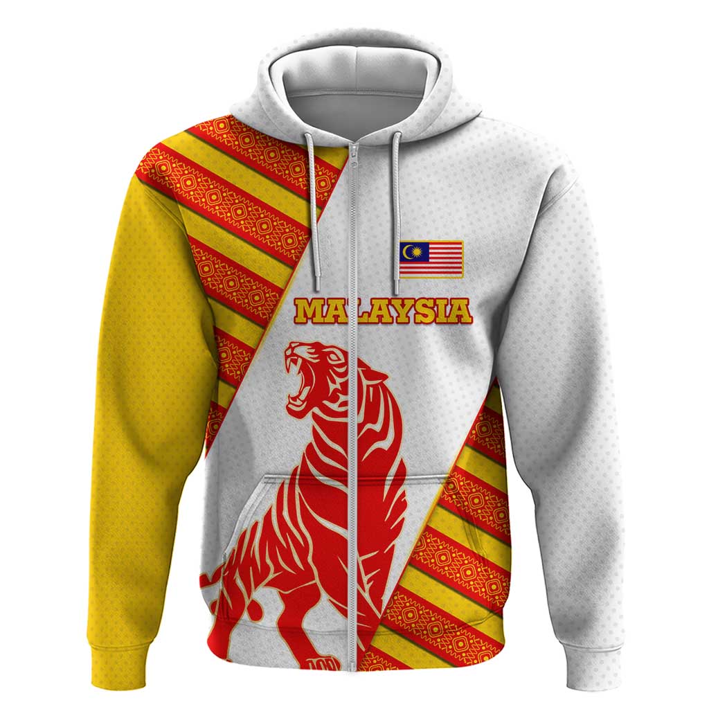 Malaysia National Crest Zip Hoodie with Red Tiger and Traditional Batik Yellow White