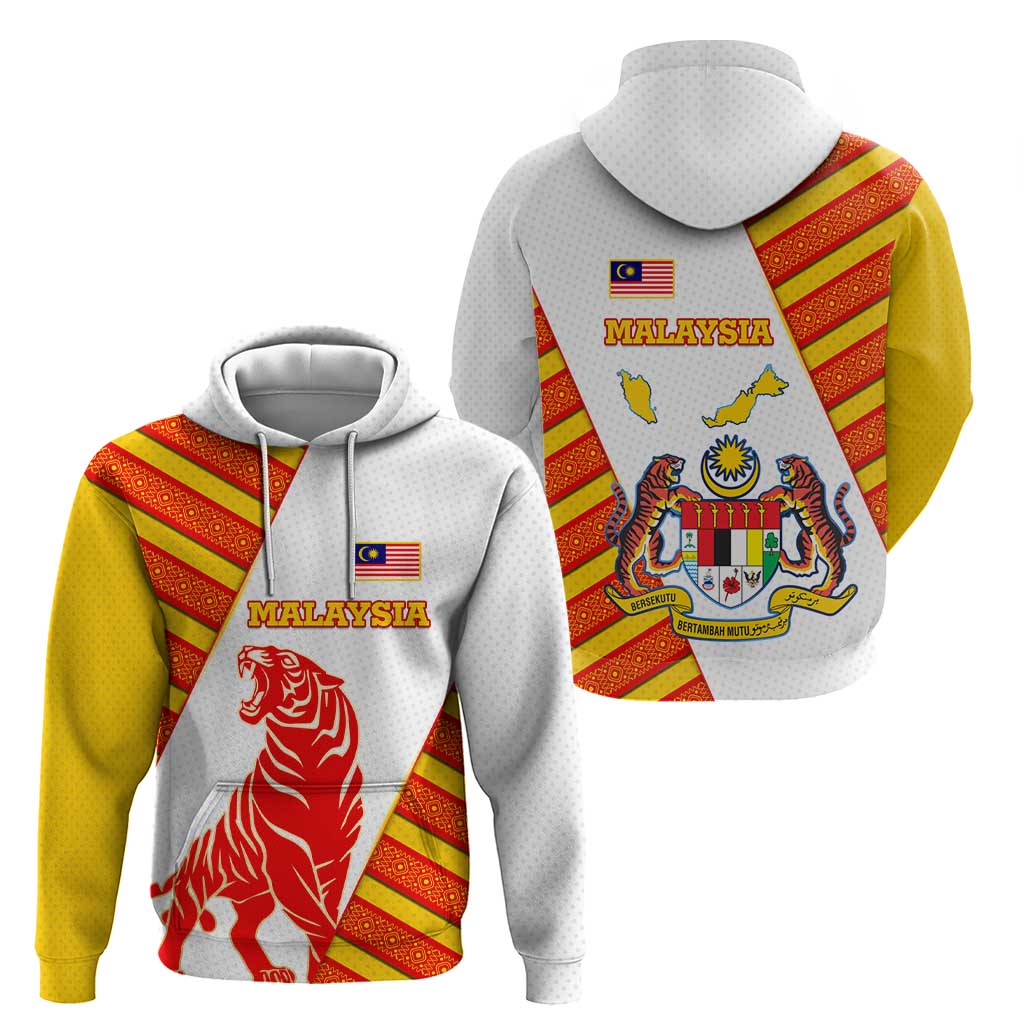 Malaysia National Crest Zip Hoodie with Red Tiger and Traditional Batik Yellow White