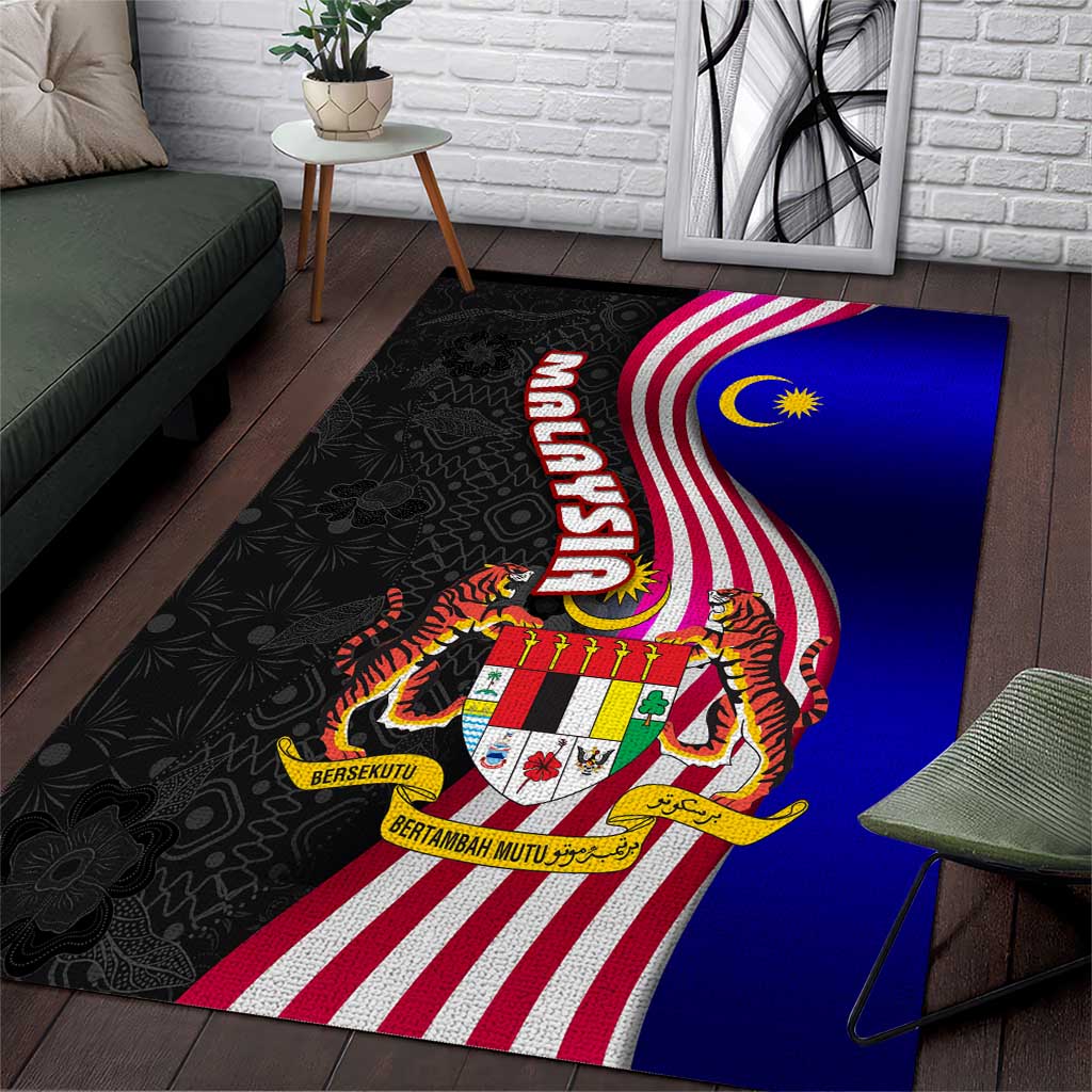 Malaysia Coat of Arms Area Rug with National Flag and Black Batik Pattern