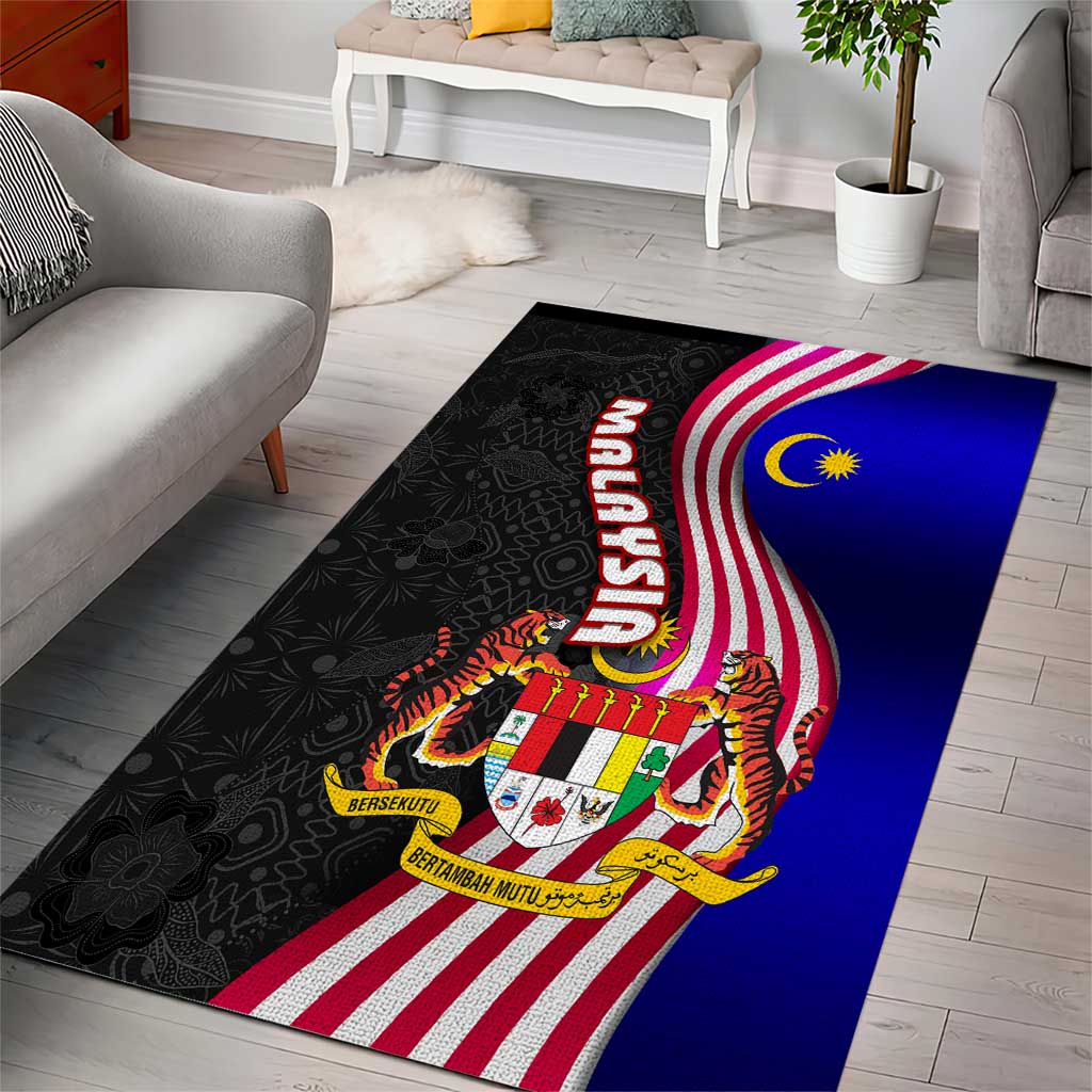 Malaysia Coat of Arms Area Rug with National Flag and Black Batik Pattern