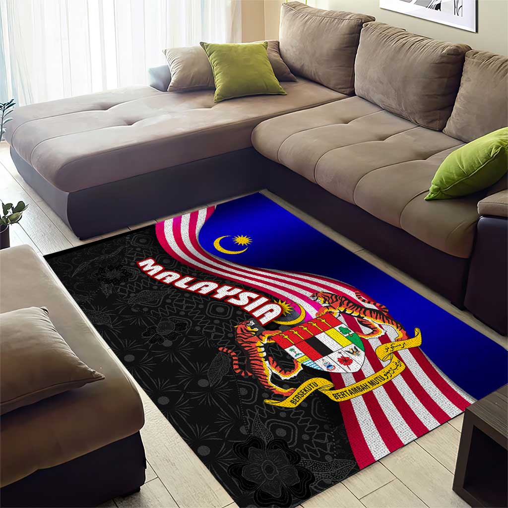 Malaysia Coat of Arms Area Rug with National Flag and Black Batik Pattern