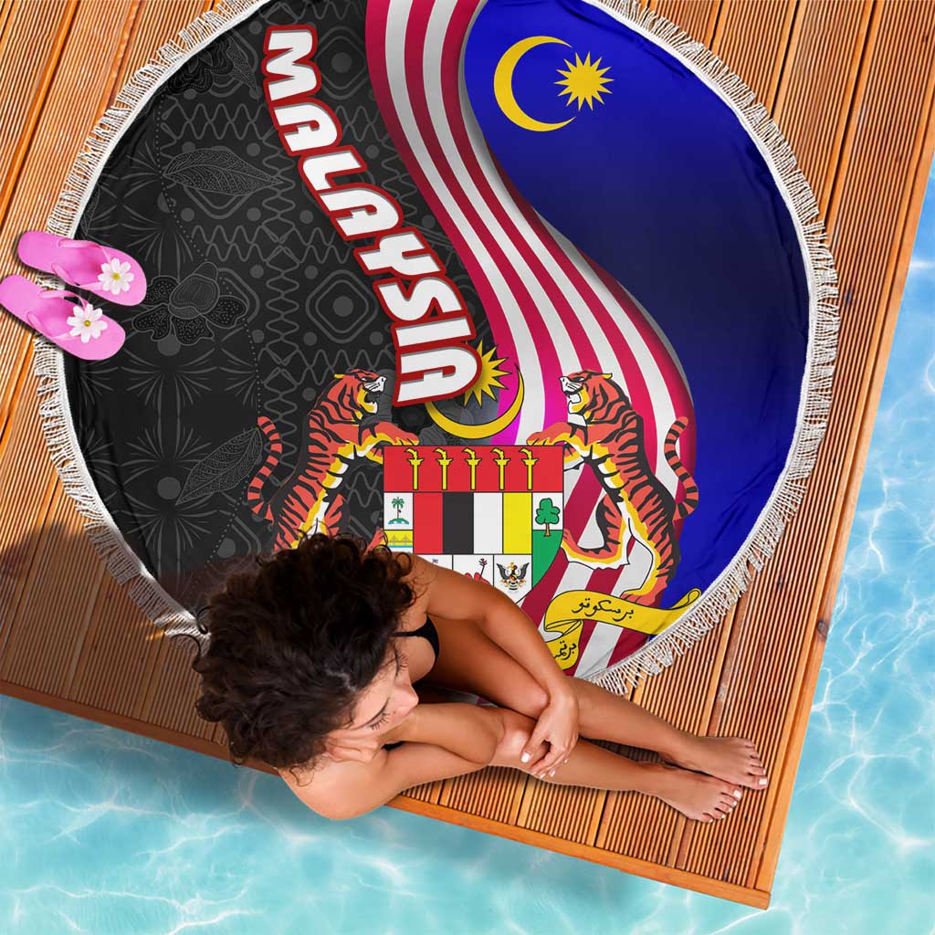 Malaysia Coat of Arms Beach Blanket with National Flag and Black Batik Pattern