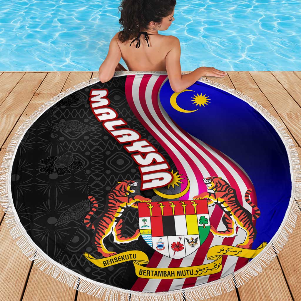 Malaysia Coat of Arms Beach Blanket with National Flag and Black Batik Pattern