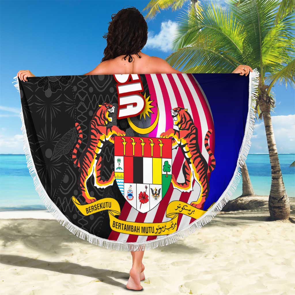Malaysia Coat of Arms Beach Blanket with National Flag and Black Batik Pattern