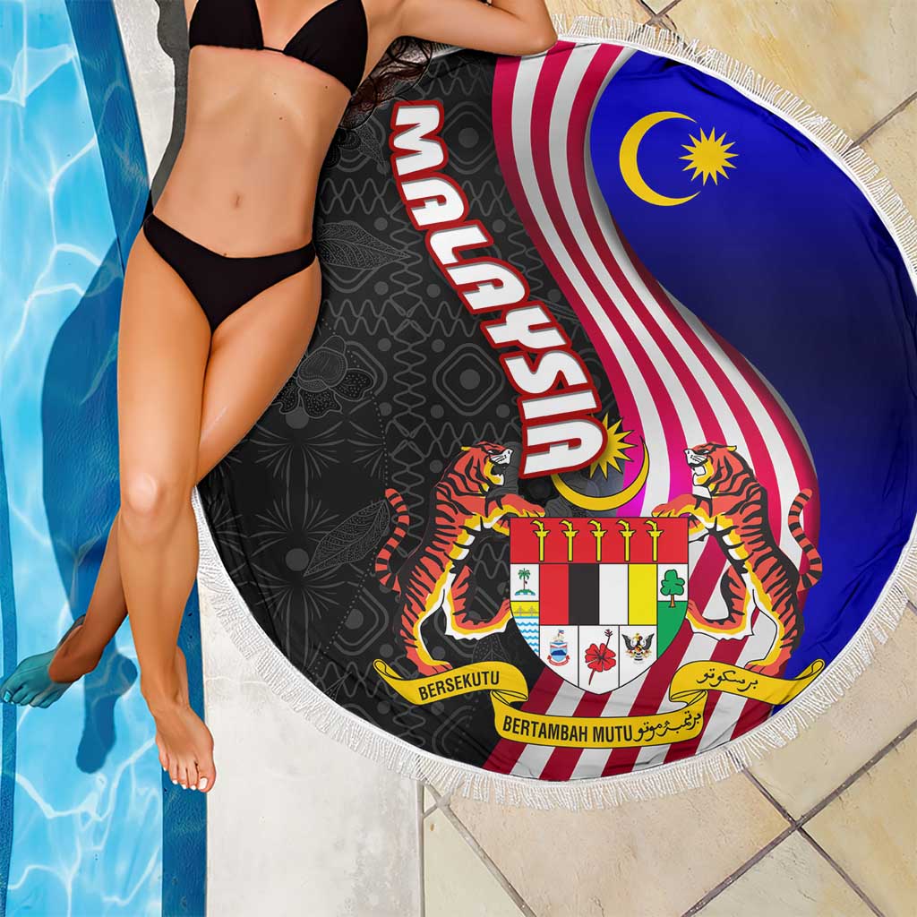 Malaysia Coat of Arms Beach Blanket with National Flag and Black Batik Pattern