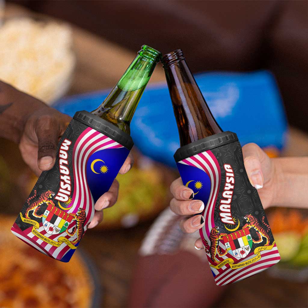 Malaysia Coat of Arms 4 in 1 Can Cooler Tumbler with National Flag and Black Batik Pattern