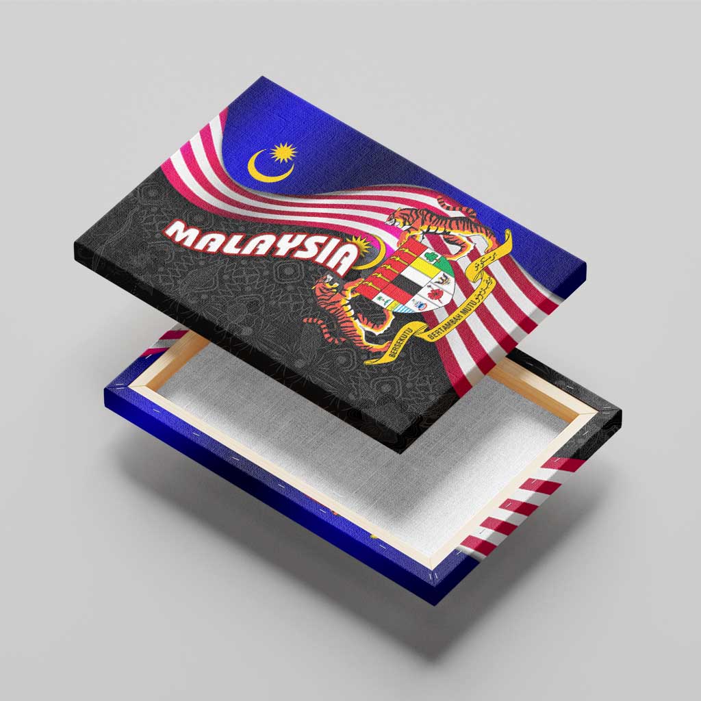 Malaysia Coat of Arms Canvas Wall Art with National Flag and Black Batik Pattern
