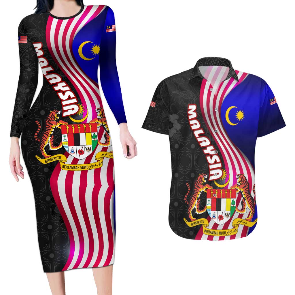 Malaysia Coat of Arms Couples Matching Long Sleeve Bodycon Dress and Hawaiian Shirt with National Flag and Black Batik Pattern