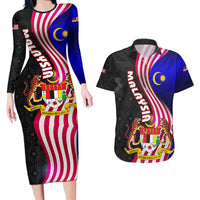 Malaysia Coat of Arms Couples Matching Long Sleeve Bodycon Dress and Hawaiian Shirt with National Flag and Black Batik Pattern