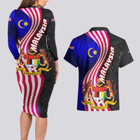 Malaysia Coat of Arms Couples Matching Long Sleeve Bodycon Dress and Hawaiian Shirt with National Flag and Black Batik Pattern