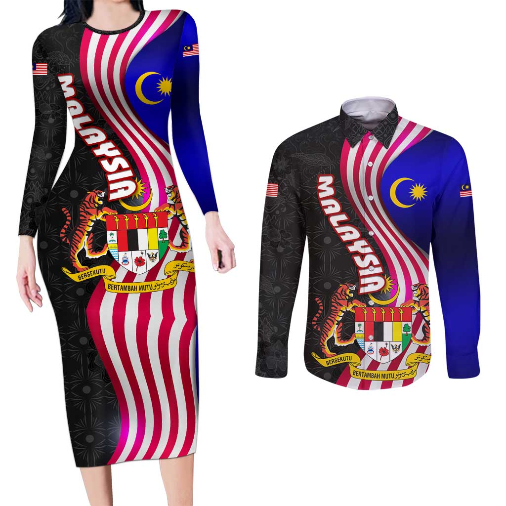 Malaysia Coat of Arms Couples Matching Long Sleeve Bodycon Dress and Long Sleeve Button Shirt with National Flag and Black Batik Pattern