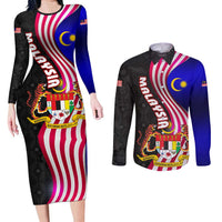 Malaysia Coat of Arms Couples Matching Long Sleeve Bodycon Dress and Long Sleeve Button Shirt with National Flag and Black Batik Pattern