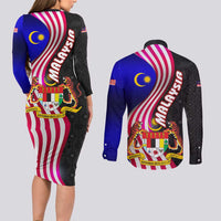 Malaysia Coat of Arms Couples Matching Long Sleeve Bodycon Dress and Long Sleeve Button Shirt with National Flag and Black Batik Pattern