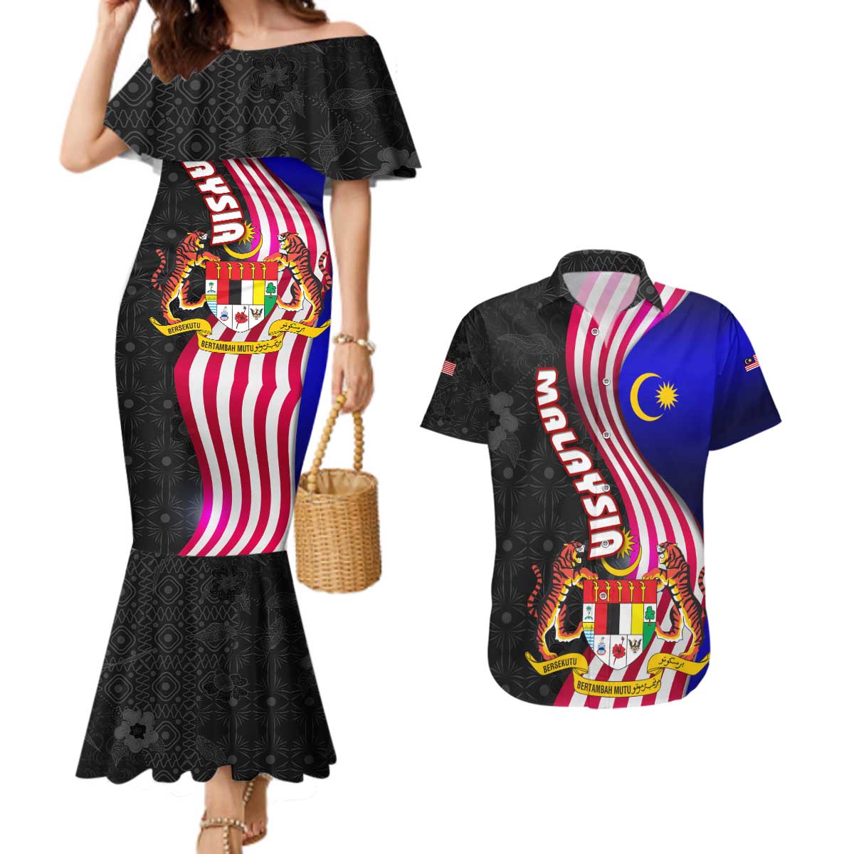 Malaysia Coat of Arms Couples Matching Mermaid Dress and Hawaiian Shirt with National Flag and Black Batik Pattern