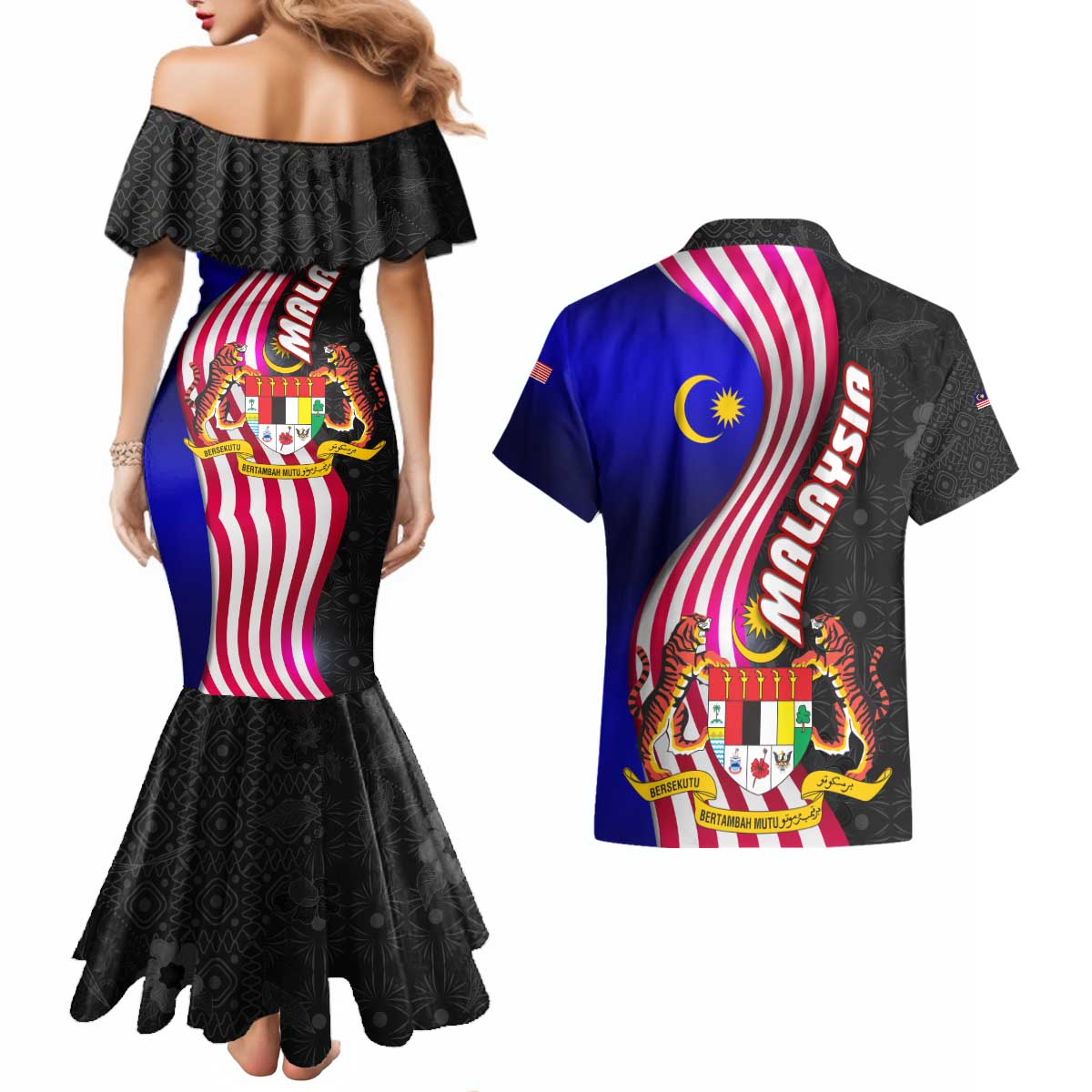 Malaysia Coat of Arms Couples Matching Mermaid Dress and Hawaiian Shirt with National Flag and Black Batik Pattern