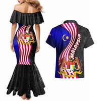 Malaysia Coat of Arms Couples Matching Mermaid Dress and Hawaiian Shirt with National Flag and Black Batik Pattern