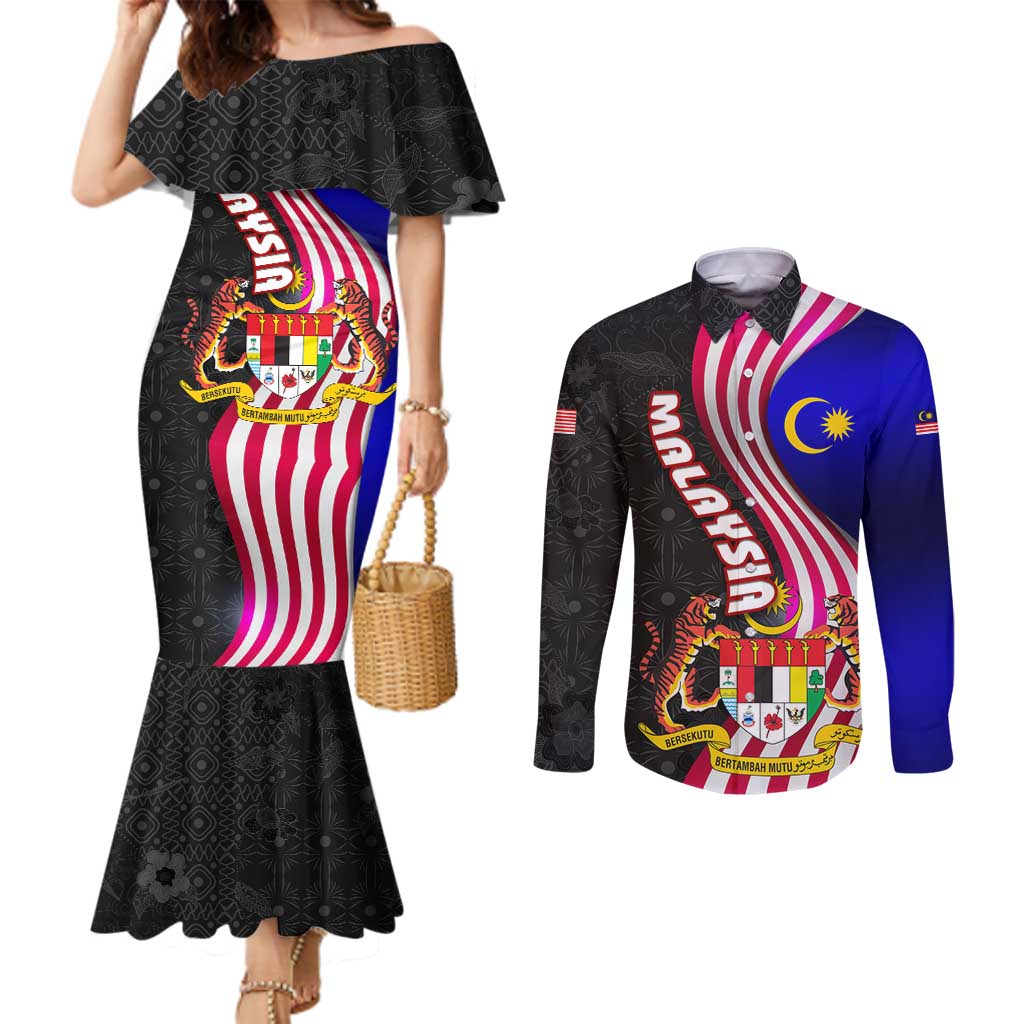 Malaysia Coat of Arms Couples Matching Mermaid Dress and Long Sleeve Button Shirt with National Flag and Black Batik Pattern