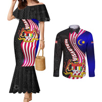 Malaysia Coat of Arms Couples Matching Mermaid Dress and Long Sleeve Button Shirt with National Flag and Black Batik Pattern