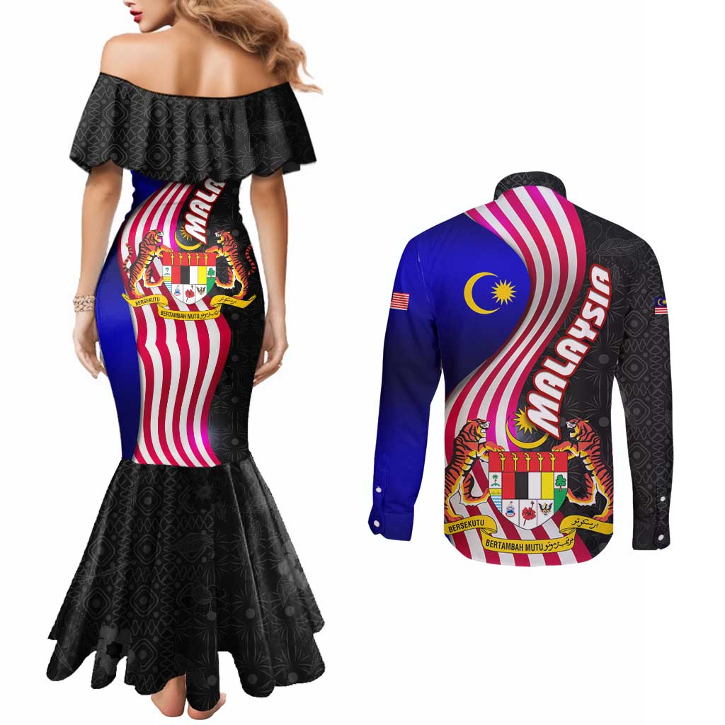 Malaysia Coat of Arms Couples Matching Mermaid Dress and Long Sleeve Button Shirt with National Flag and Black Batik Pattern