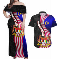 Malaysia Coat of Arms Couples Matching Off Shoulder Maxi Dress and Hawaiian Shirt with National Flag and Black Batik Pattern