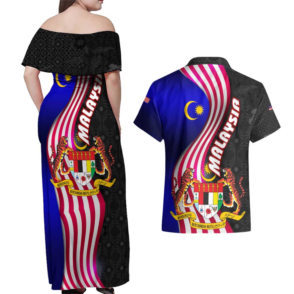 Malaysia Coat of Arms Couples Matching Off Shoulder Maxi Dress and Hawaiian Shirt with National Flag and Black Batik Pattern