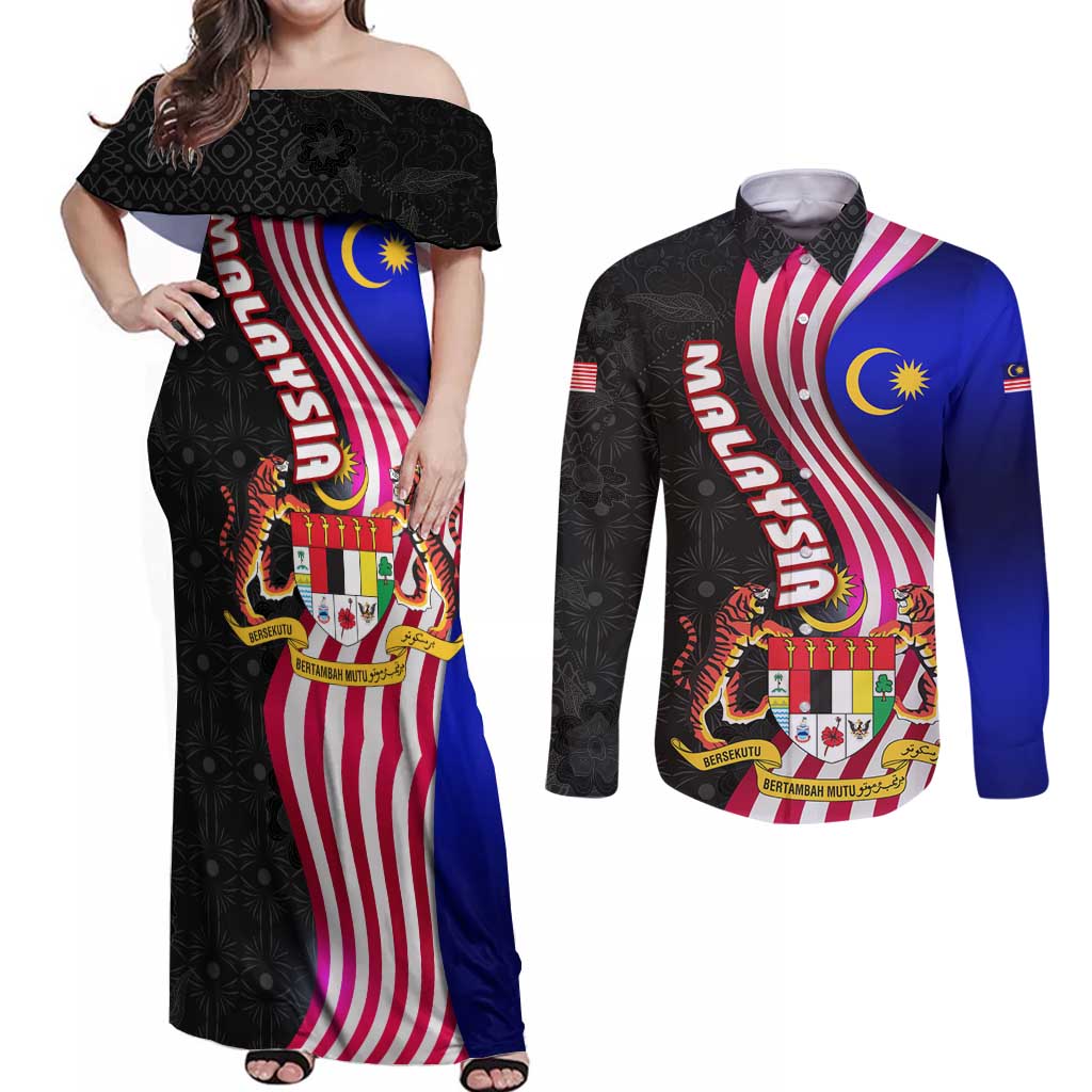 Malaysia Coat of Arms Couples Matching Off Shoulder Maxi Dress and Long Sleeve Button Shirt with National Flag and Black Batik Pattern