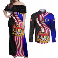 Malaysia Coat of Arms Couples Matching Off Shoulder Maxi Dress and Long Sleeve Button Shirt with National Flag and Black Batik Pattern