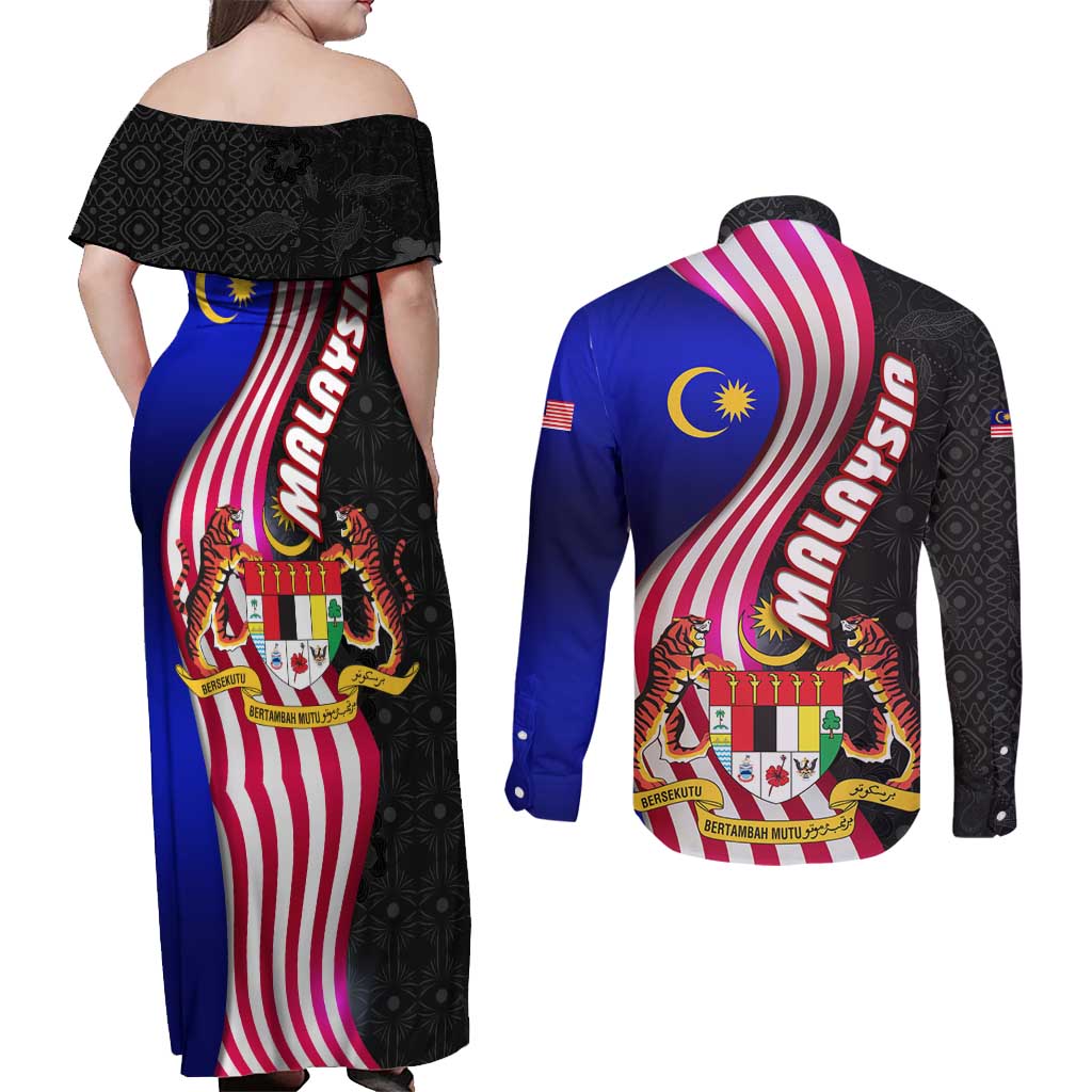 Malaysia Coat of Arms Couples Matching Off Shoulder Maxi Dress and Long Sleeve Button Shirt with National Flag and Black Batik Pattern