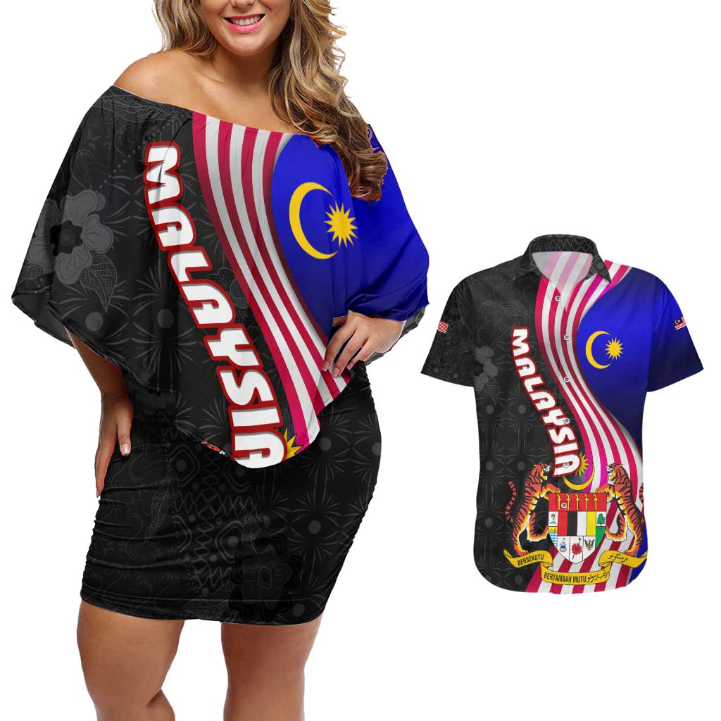 Malaysia Coat of Arms Couples Matching Off Shoulder Short Dress and Hawaiian Shirt with National Flag and Black Batik Pattern