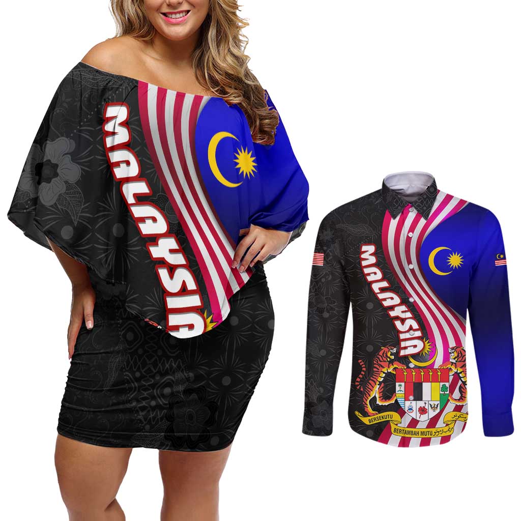 Malaysia Coat of Arms Couples Matching Off Shoulder Short Dress and Long Sleeve Button Shirt with National Flag and Black Batik Pattern