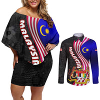 Malaysia Coat of Arms Couples Matching Off Shoulder Short Dress and Long Sleeve Button Shirt with National Flag and Black Batik Pattern